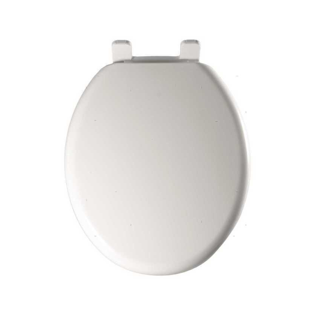 Sedile WC marino di ricambio bianco ovale in plastica con cerniere, vista dall'alto