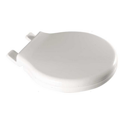 Sedile WC marino di ricambio bianco, forma ovale in plastica rigida, vista dall'alto con cerniere