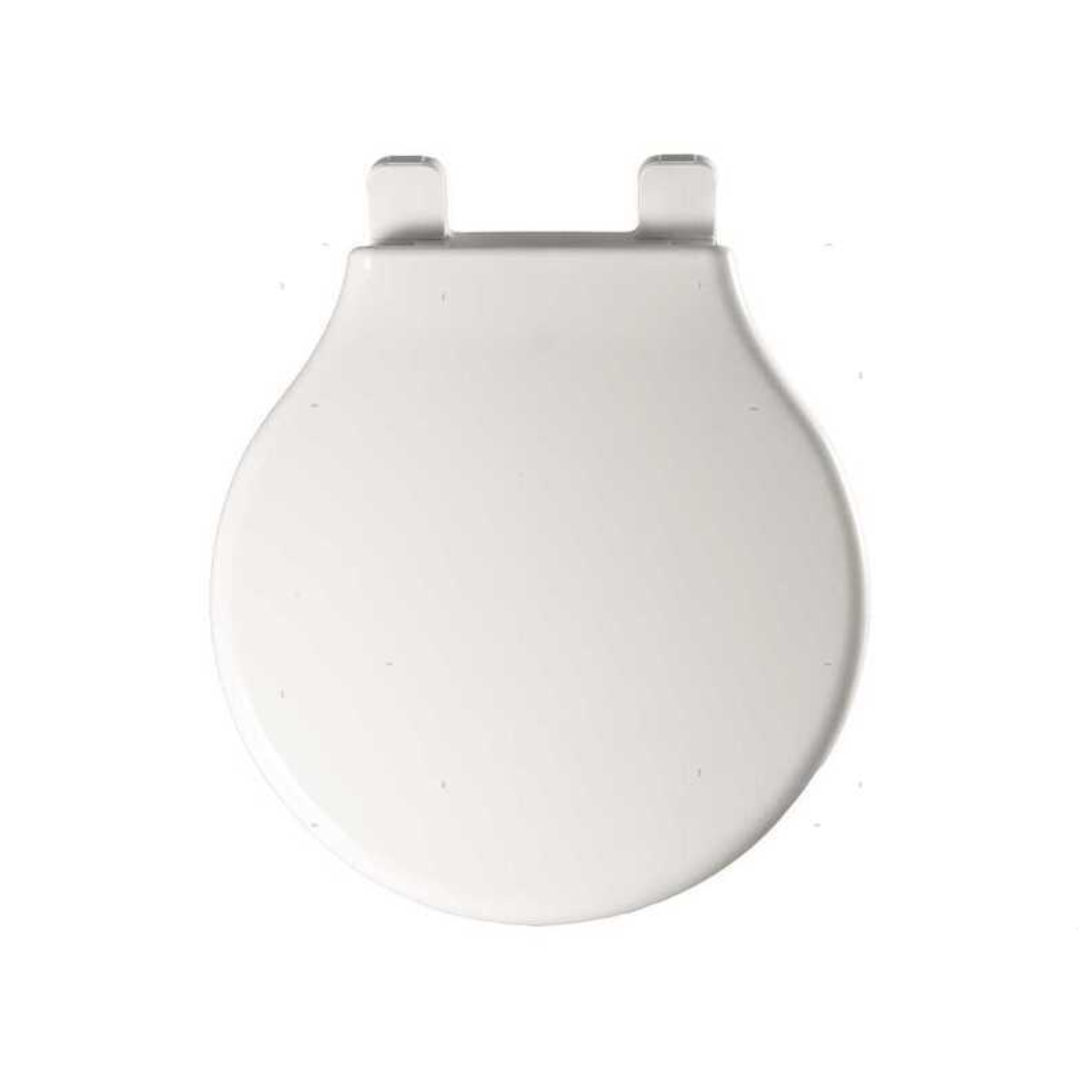 Sedile WC di ricambio bianco rotondo in plastica con coperchio chiuso, vista dall'alto