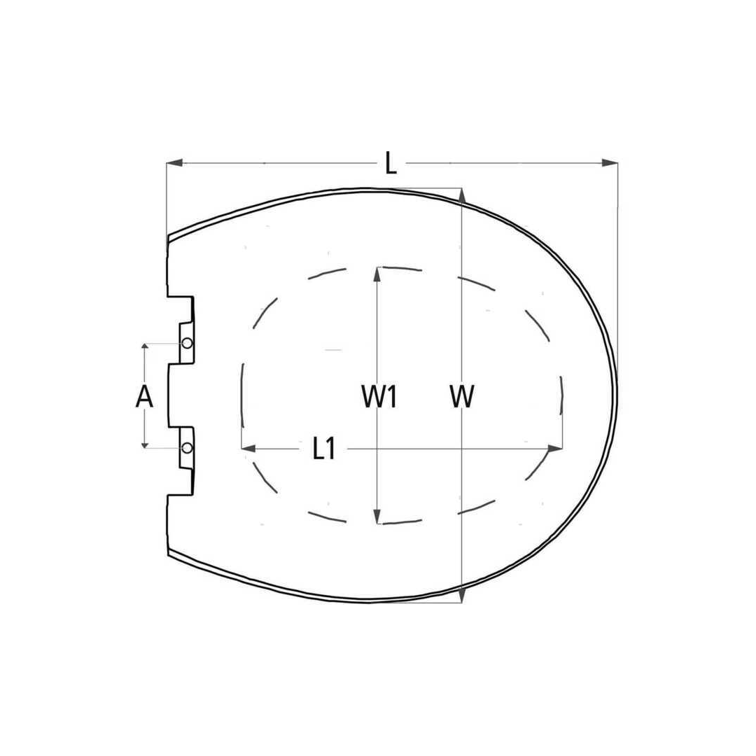 Scheda tecnica sedile WC marino di ricambio con quote L, L1, W, W1, A e dettaglio cerniere