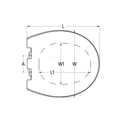Scheda tecnica sedile WC marino di ricambio con quote L, L1, W, W1, A e dettaglio cerniere