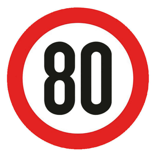 Segnale di velocità 80 km/h rotondo rosso e bianco con numero nero in grassetto, adesivo omologato