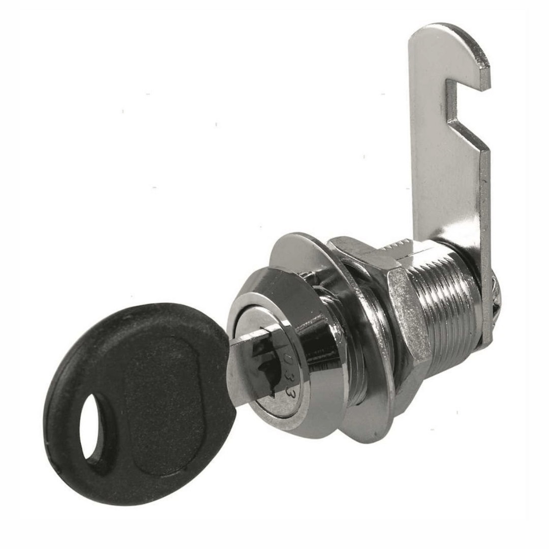 Serratura a camma cromata H20mm Ø19mm con nottolino acciaio e chiave nera