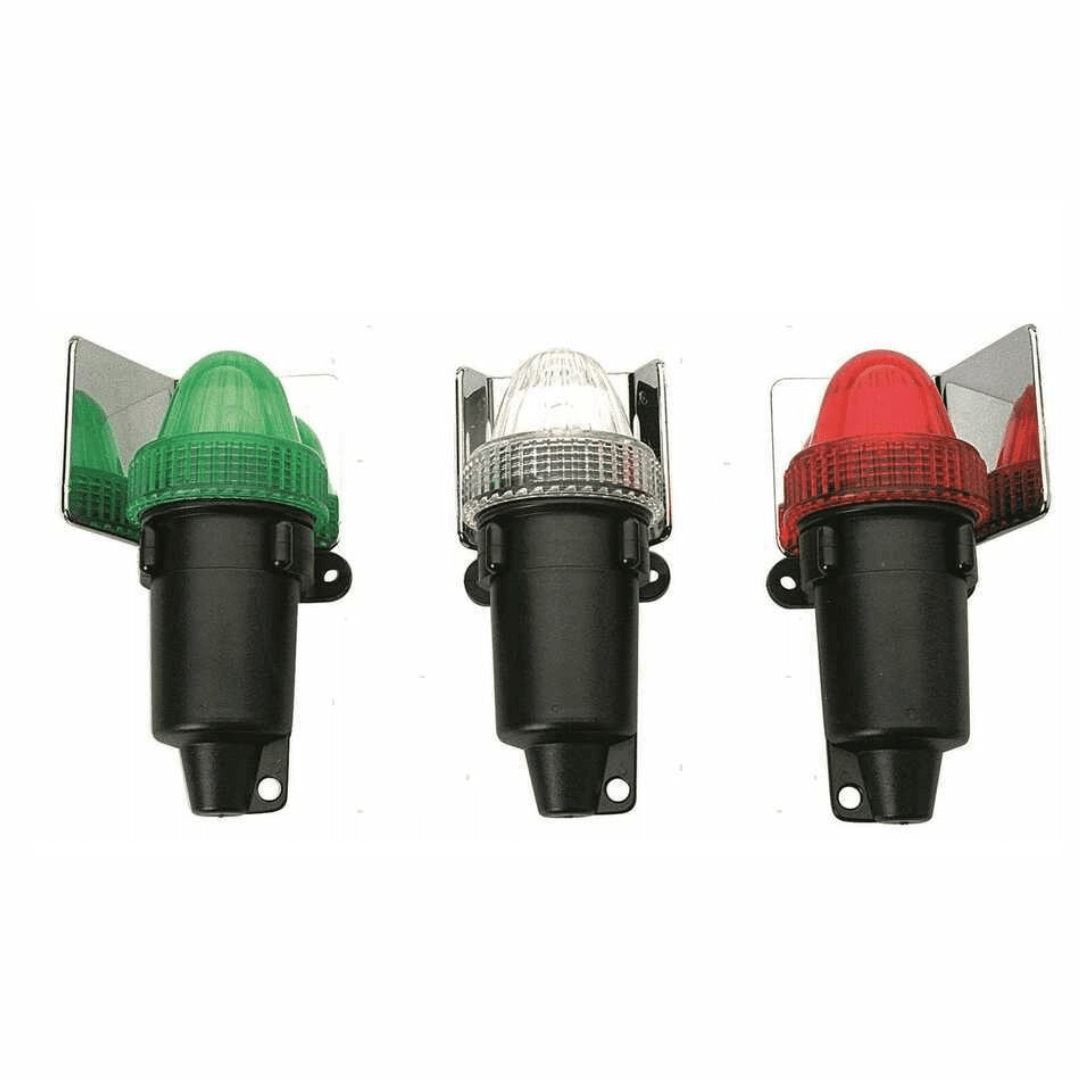 Set 3 fanali batteria LED nautici verde, bianco e rosso con base nera e staffa cromata