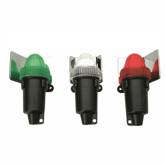 Set 3 fanali batteria LED nautici verde, bianco e rosso con base nera e staffa cromata