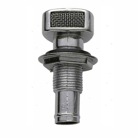 Sfiato dritto in ottone cromato Ø 16 mm con griglia filtrante, flangia e raccordo scanalato