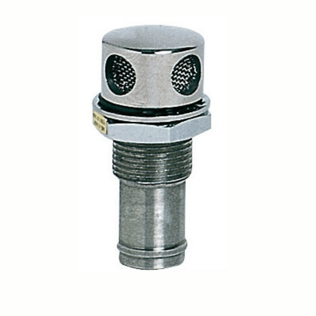 Sfiato inox 25 mm dritto cromato con cappuccio arrotondato e griglie laterali su filettatura