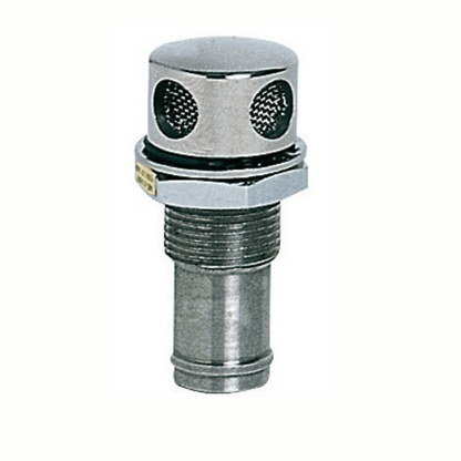 Sfiato inox 25 mm dritto cromato con cappuccio arrotondato e griglie laterali su filettatura