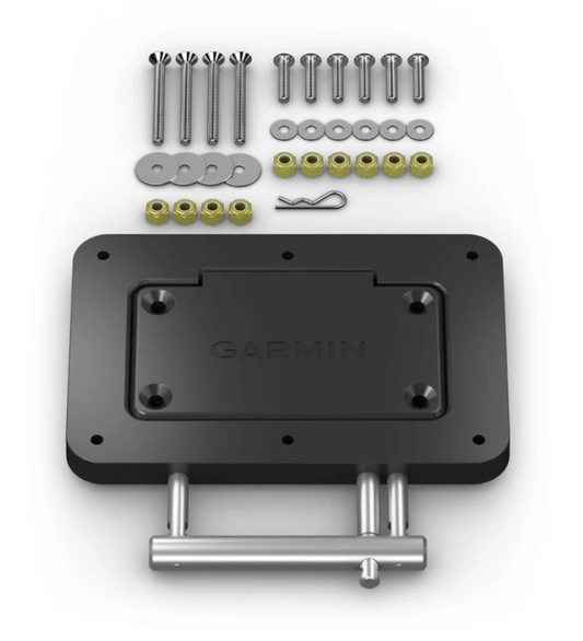 Piastra a sgancio rapido Garmin Kraken nera con bulloneria in acciaio, dadi dorati e pin di sicurezza