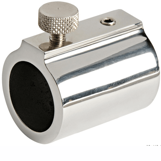 Snodo inox cromato per tubi Ø 22/25 mm con vite di bloccaggio zigrinata, forma cilindrica