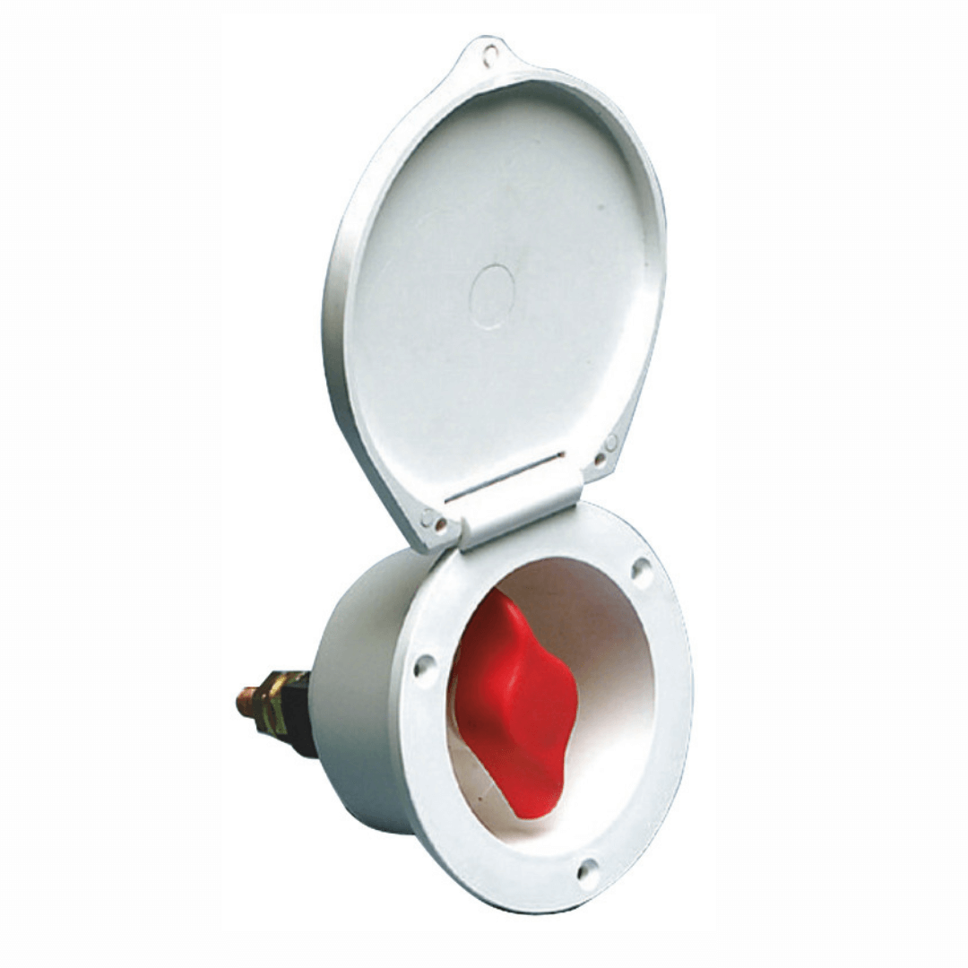Staccabatterie 280A heavy duty bianco con coperchio apribile e leva rossa, corpo rotondo in plastica