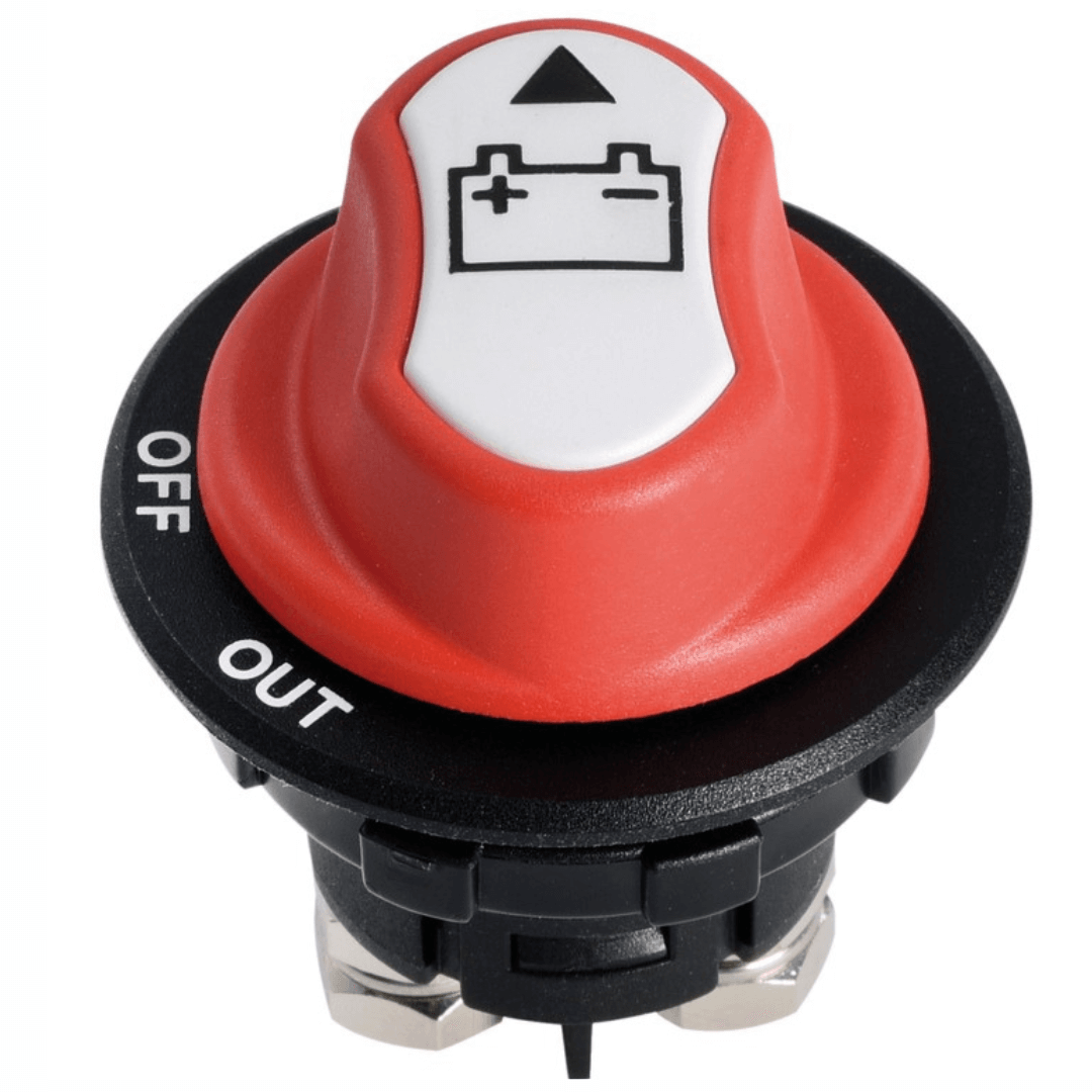 Staccabatterie compact 32V DC 100A rosso e nero con manopola girevole e simbolo batteria