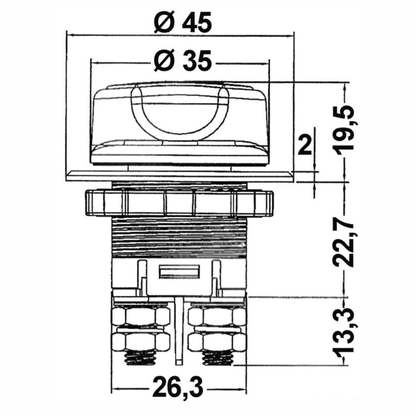 Scheda tecnica staccabatterie compact 32V DC 100A con dimensioni: Ø45mm, altezza 19,5mm