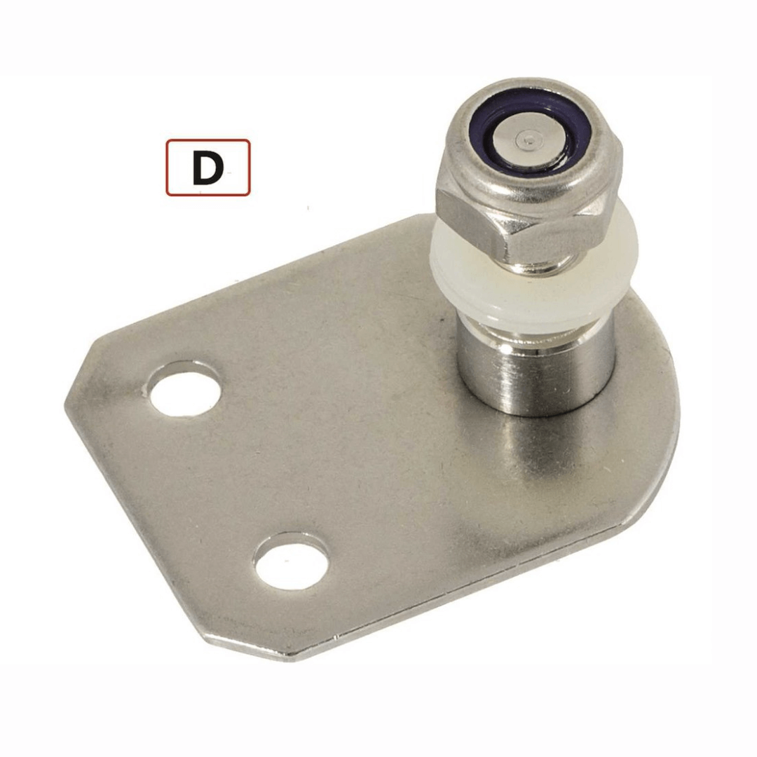 Staffa attuatore inox tipo D con perno snodato e dado nylon, base forata con angoli smussati