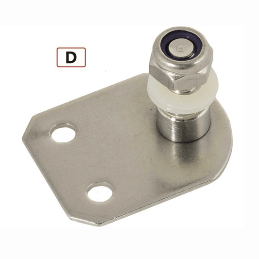 Staffa attuatore inox tipo D con perno snodato e dado nylon, base forata con angoli smussati