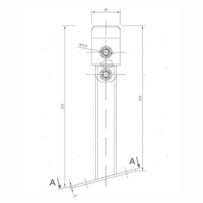 Scheda tecnica staffa di fissaggio fermaprua con dimensioni 310mm, larghezza 55mm e foro Ø12.5mm