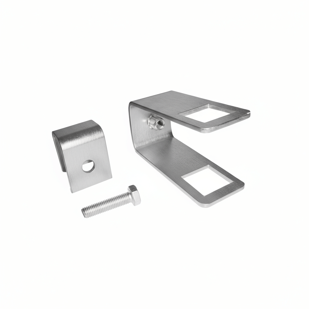 Staffa bloccaggio acciaio inox per tubo rulli laterali carrelli con bullone e dado, colore argento