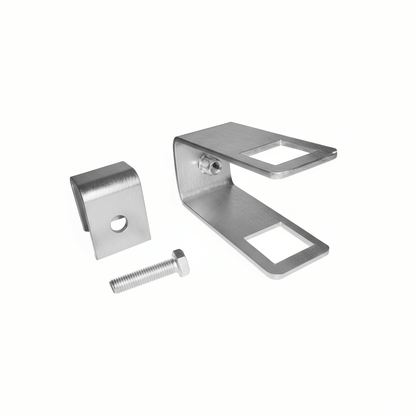 Staffa bloccaggio acciaio inox per tubo rulli laterali carrelli con bullone e dado, colore argento