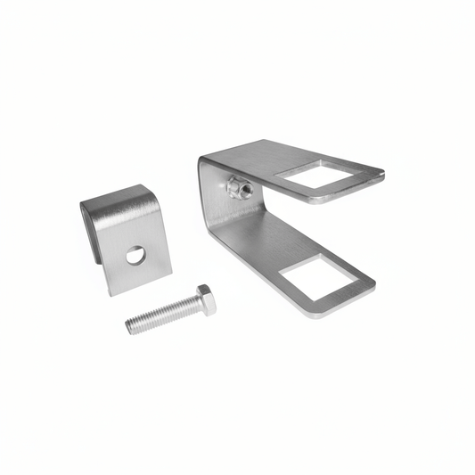 Staffa bloccaggio acciaio inox per tubo rulli laterali carrelli con bullone e dado, colore argento