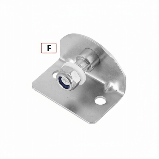 Staffa attuatore inox tipo F con perno e dado autobloccante, forma angolare, fori di fissaggio