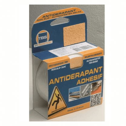 Nastro antiscivolo autoadesivo TBS beige in rotolo con confezione blu e arancione