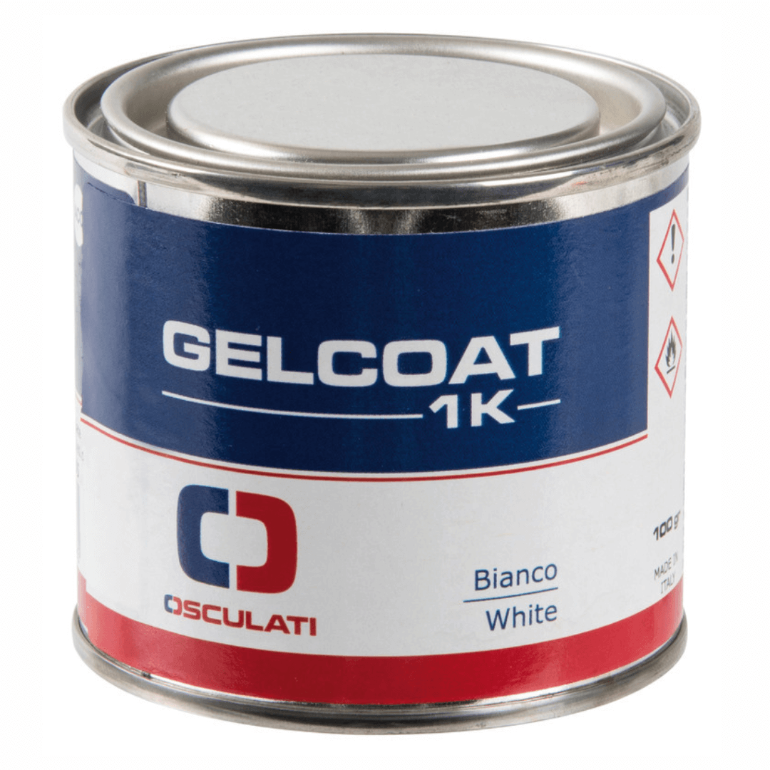 Barattolo in latta Gelcoat 1K bianco monocomponente 100g Osculati, etichetta blu e rossa