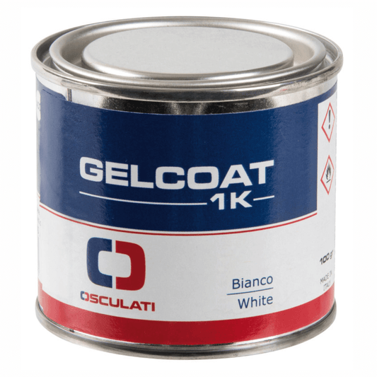 Barattolo in latta Gelcoat 1K bianco monocomponente 100g Osculati, etichetta blu e rossa