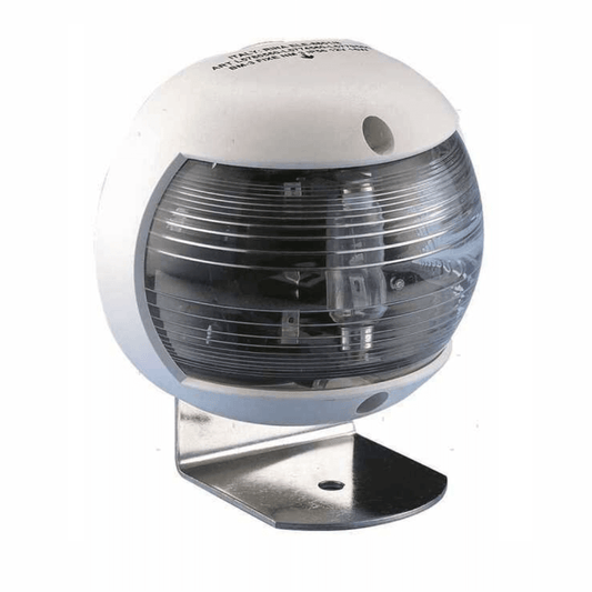 Fanale di via sferico bianco con lente trasparente e base in acciaio inox su sfondo bianco
