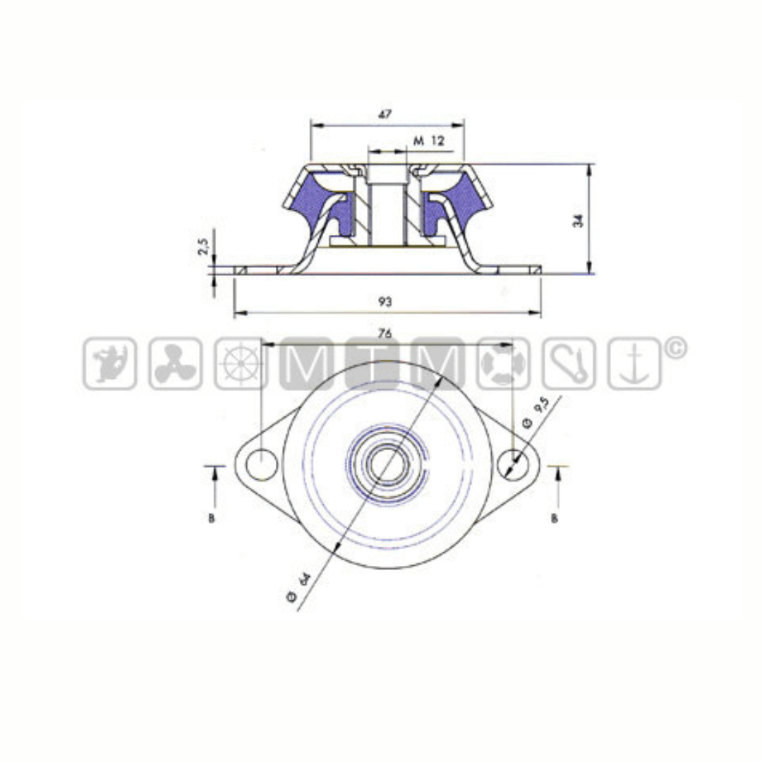 Scheda tecnica supporto antivibrante SH45 45kg con dimensioni: larghezza 93mm, altezza 34mm, filetto M12
