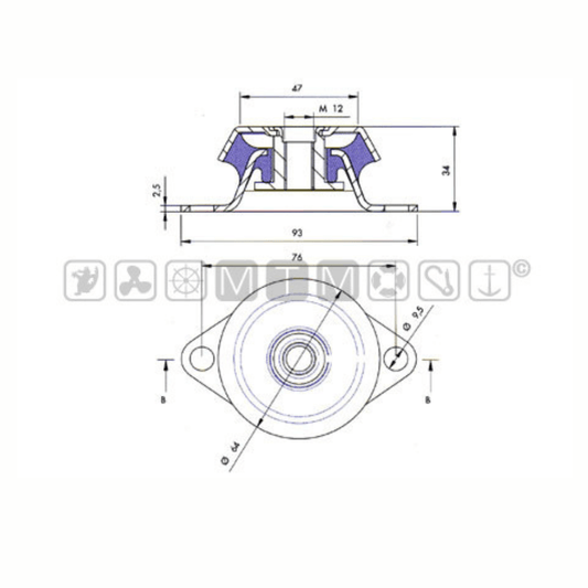Scheda tecnica supporto antivibrante SH45 45kg con dimensioni: larghezza 93mm, altezza 34mm, filetto M12