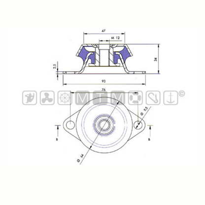 Scheda tecnica supporto antivibrante M12 105 Kg con dimensioni 93x34mm e vista sezione in blu