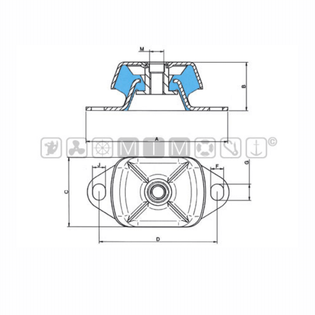 Scheda tecnica supporto antivibrante M16 220 Kg con viste frontale e inferiore, quote dimensionali e inserto elastico blu