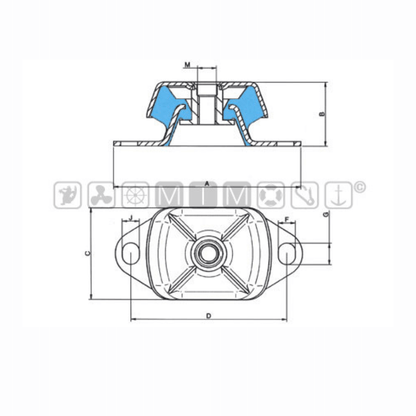 Scheda tecnica supporto antivibrante M16 220 Kg con viste frontale e inferiore, quote dimensionali e inserto elastico blu