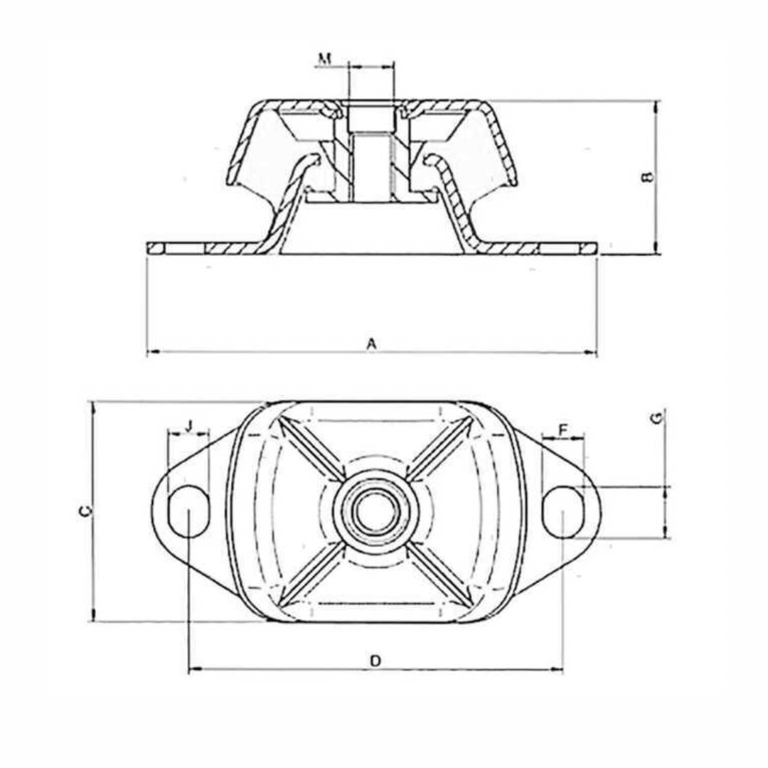 Scheda tecnica supporto antivibrante M20 800 Kg con viste laterale e superiore, quote dimensionali A B C D F G J M