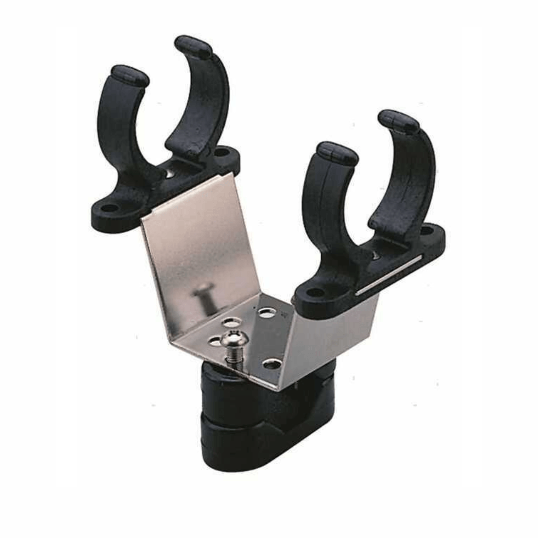 Supporto boetta doppio in plastica nera e acciaio inox con clip a morsetto regolabile