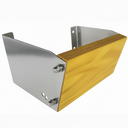 Supporto motore angolato in acciaio inox con piastra in legno teak, bulloni regolabili
