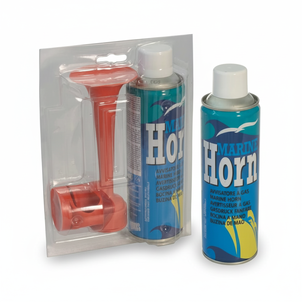 Tromba segnalazione acustica rossa con bomboletta gas azzurra Marine Horn in blister