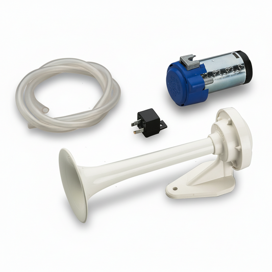 Kit tromba elettropneumatica bianca con compressore blu, tubo trasparente e relè nero