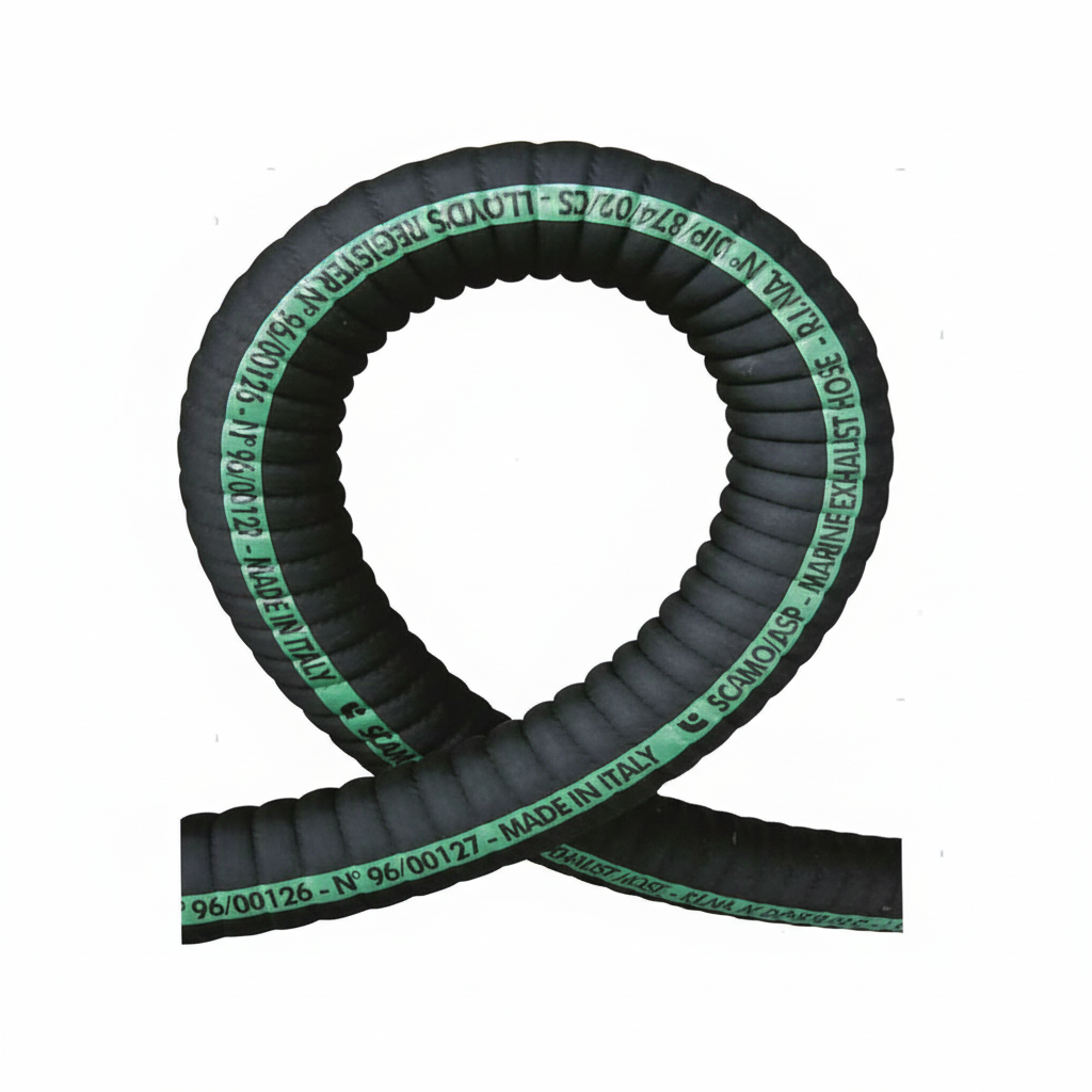 Tubo scarico motore corrugato in gomma con spirale in acciaio, omologato RINA e Lloyd's, resistente fino a 100°C. curva