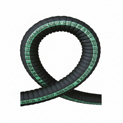 Tubo scarico motore corrugato in gomma con spirale in acciaio, omologato RINA e Lloyd's, resistente fino a 100°C. curva