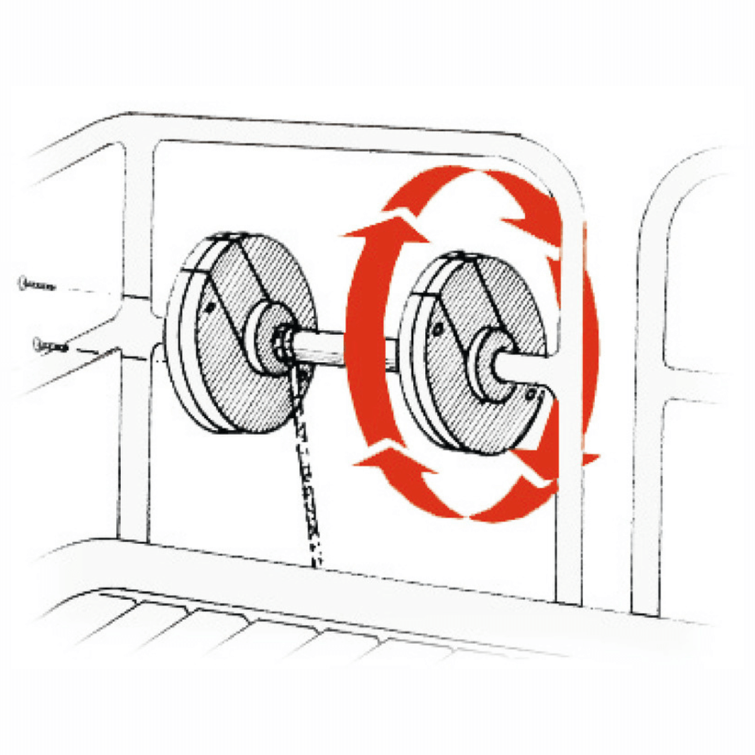 Illustrazione tecnica tamburo avvolgicima in plastica Ø25/30mm con rotazione indicata da frecce rosse