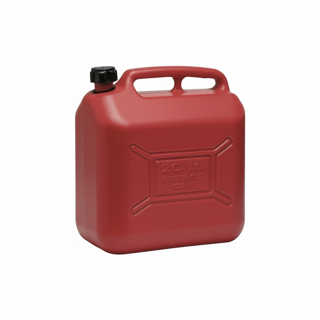 Tanica benzina rossa 20 litri in HDPE con tappo nero e maniglia, omologata UN