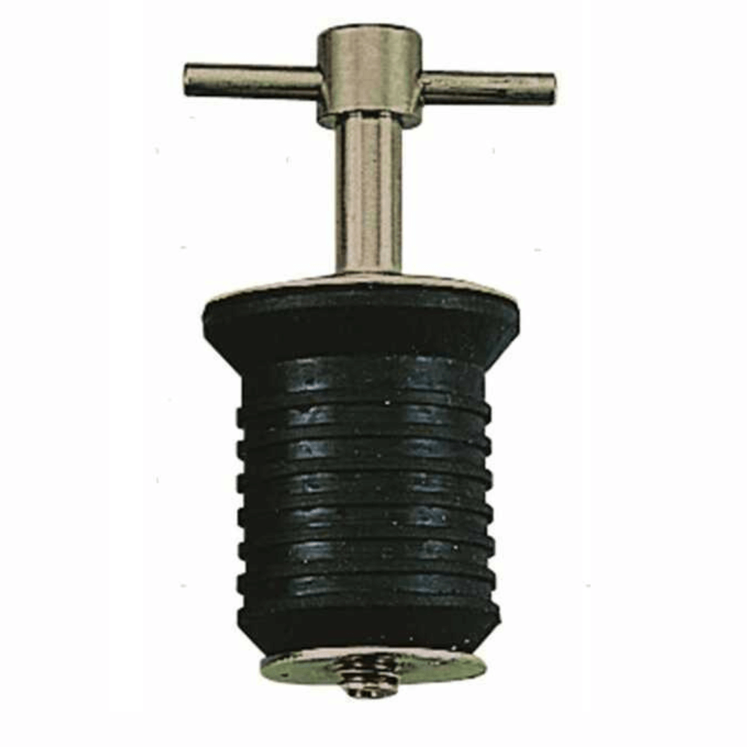 Tappo scarico a espansione Ø 22mm, corpo gomma nera rigata, maniglia a T inox cromata