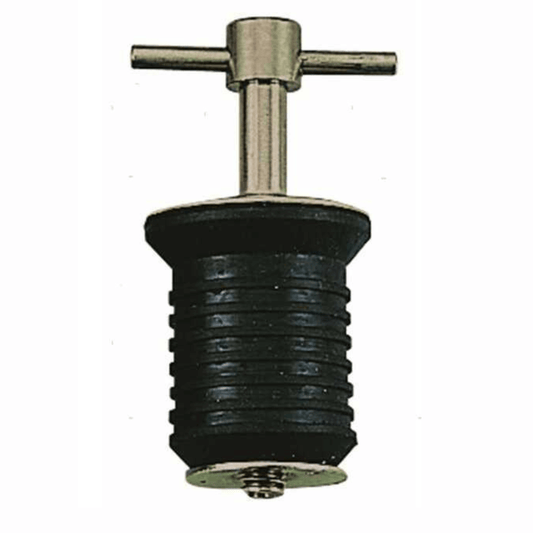 Tappo scarico a espansione Ø 22mm, corpo gomma nera rigata, maniglia a T inox cromata