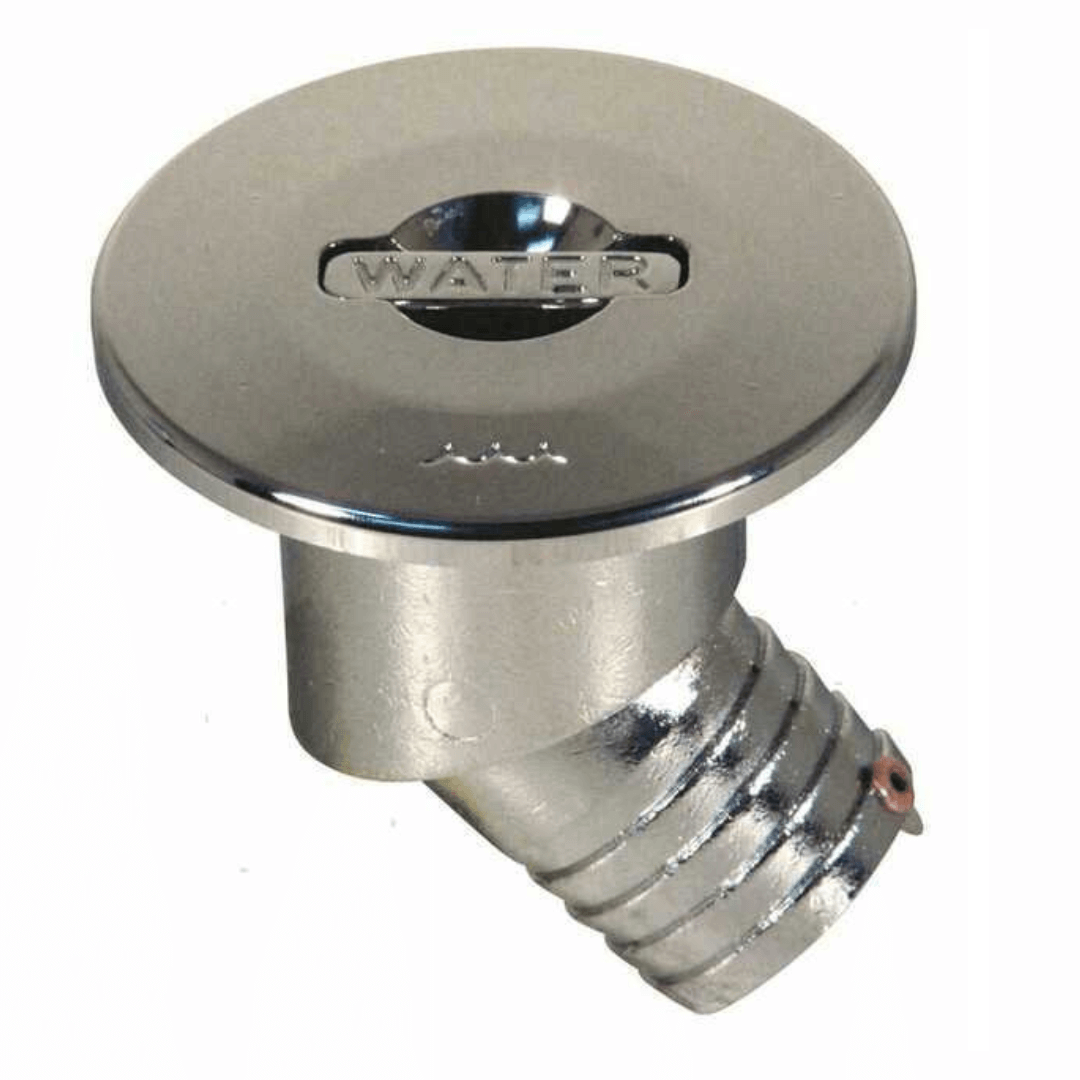 Tappo imbarco acqua inox cromato 45° con coperchio rotondo inciso "WATER" e bocchettone zigrinato Ø38mm