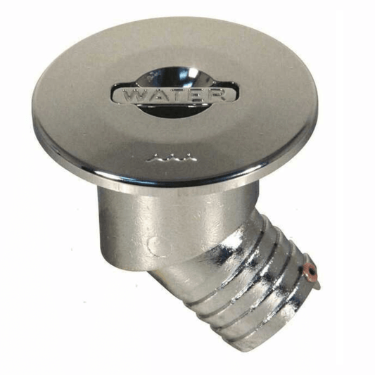 Tappo imbarco acqua inox cromato 45° con coperchio rotondo inciso "WATER" e bocchettone zigrinato Ø38mm