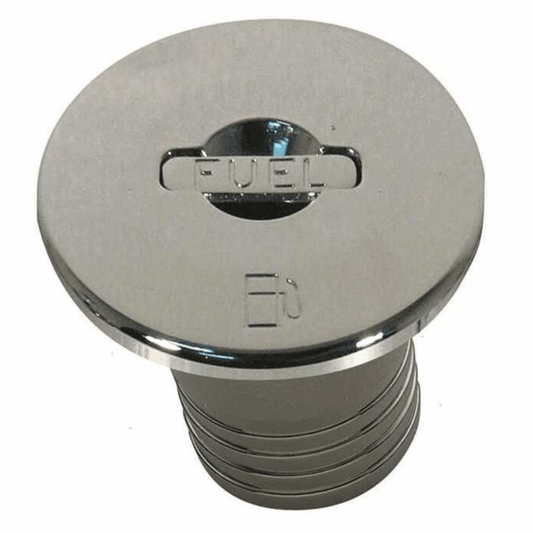 Tappo imbarco carburante in acciaio inox lucido, testa circolare con scritta FUEL, collo filettato Ø 38 mm