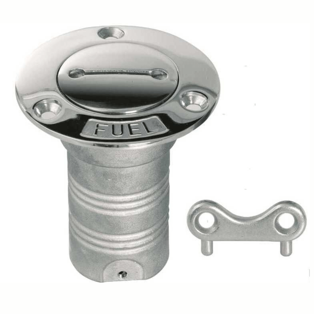 Tappo imbarco carburante inox cromato Ø 38mm con chiavetta, scritta FUEL in rilievo