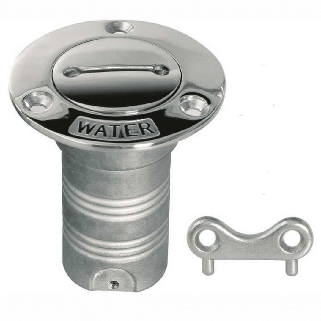 Tappo imbarco acqua in acciaio inox lucido Ø 38 mm con chiavetta, scritta WATER in rilievo