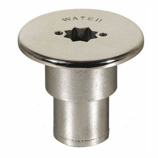 Tappo imbarco acqua acciaio inox cromato con sede a stella, flangia rotonda e collo Ø 38 mm